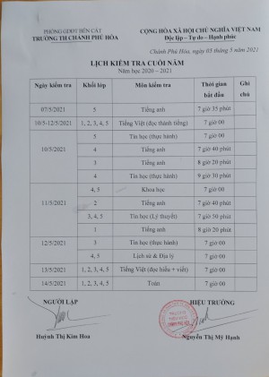 LỊCH KIỂM TRA CUỐI NĂM HỌC 2020 -2021