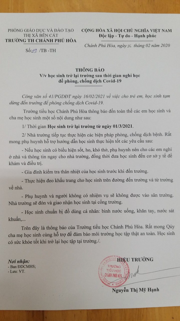 THÔNG BÁO V/V HS TRỞ LẠI TRƯỜNG SAU THỜI GIAN NGHỈ HỌC ĐỀ PHÒNG CHỐNG DỊCH COVID 19