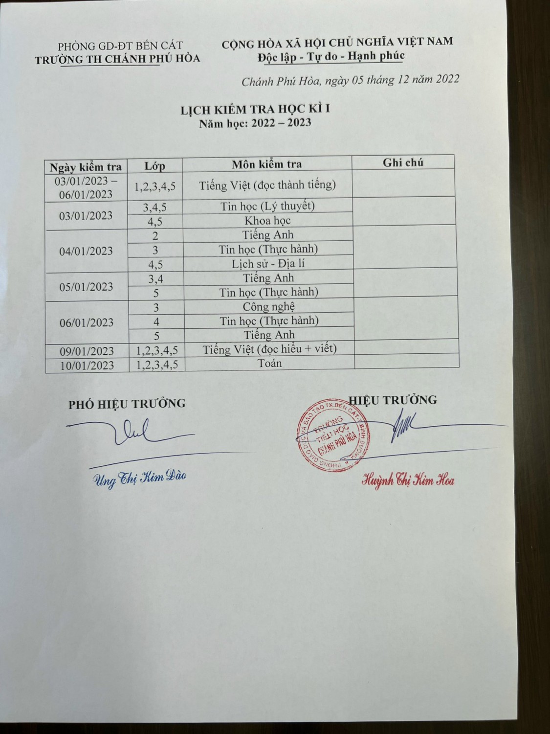LỊCH KIỂM TRA CUỐI HK I