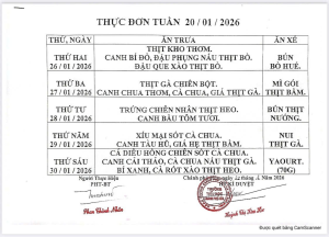 THỰC ĐƠN TUẦN 20 ngày 26/01 đến 30/01/2026