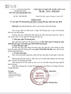 TRƯỜNG TH CHÁNH PHÚ HÒA THÔNG BÁO VỀ VIỆC NGHỈ TẾT DƯƠNG LỊCH NĂM 2026