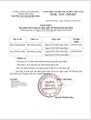 LỊCH TRỰC BAN GIÁM HIỆU TRONG CÁC NGÀY TẾT DƯƠNG LỊCH NĂM 2026
