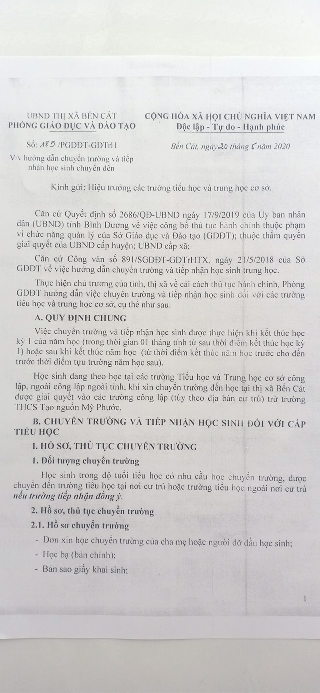 Văn bản hướng dẫn chuyển trường và tiếp nhận học sinh chuyển đến