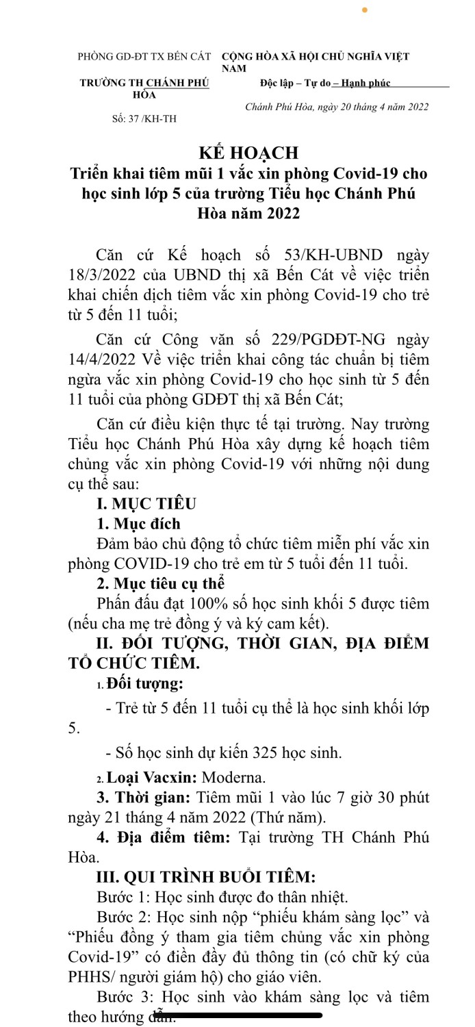 KẾ HOẠCH TIÊM MŨI 1 VẮC XIN COVID-19 CHO HỌC SINH LỚP 5 TRƯỜNG TH CHÁNH PHÚ HÒA