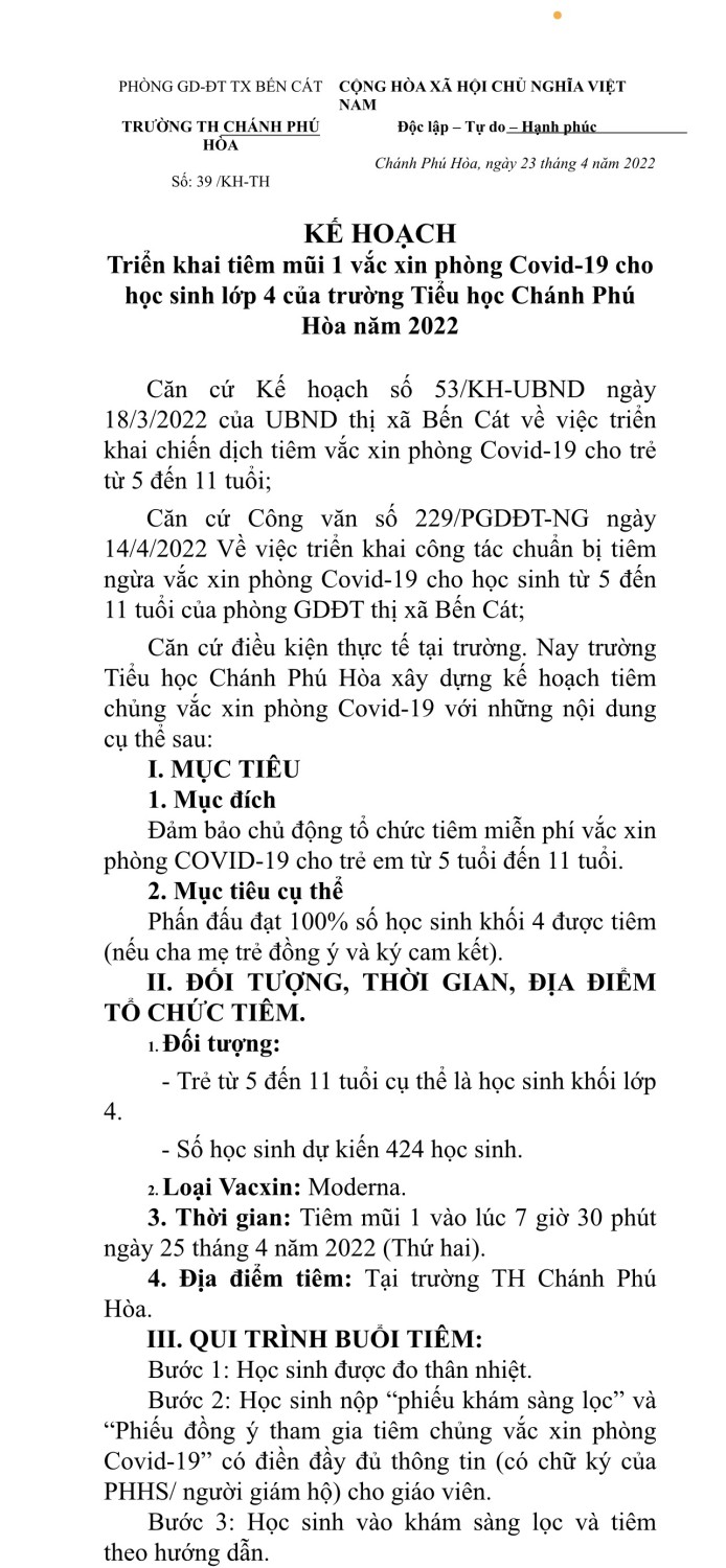 KẾ HOẠCH TIÊM MŨI 1 VẮC XIN PHÒNG COVID 19  CHO HỌC SINH LỚP 4 TẠI TRƯỜNG TH CHÁNH PHÚ HÒA