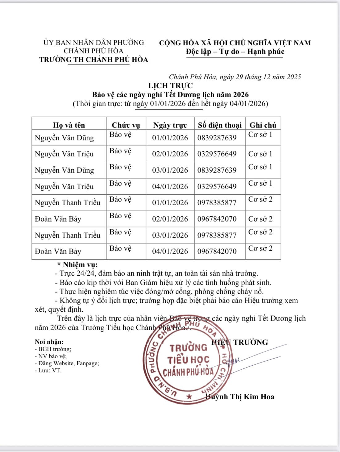 LỊCH TRỰC BẢO VỆ CÁC NGÀY NGHỈ TẾT DƯƠNG LỊCH NĂM 2026