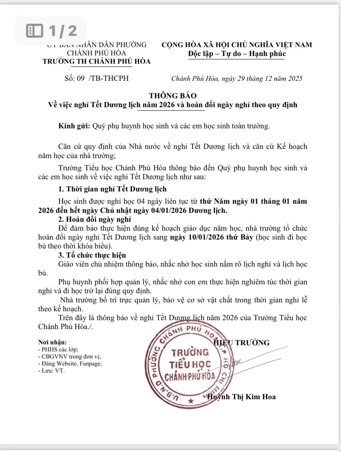 TRƯỜNG TH CHÁNH PHÚ HÒA THÔNG BÁO VỀ VIỆC NGHỈ TẾT DƯƠNG LỊCH NĂM 2026