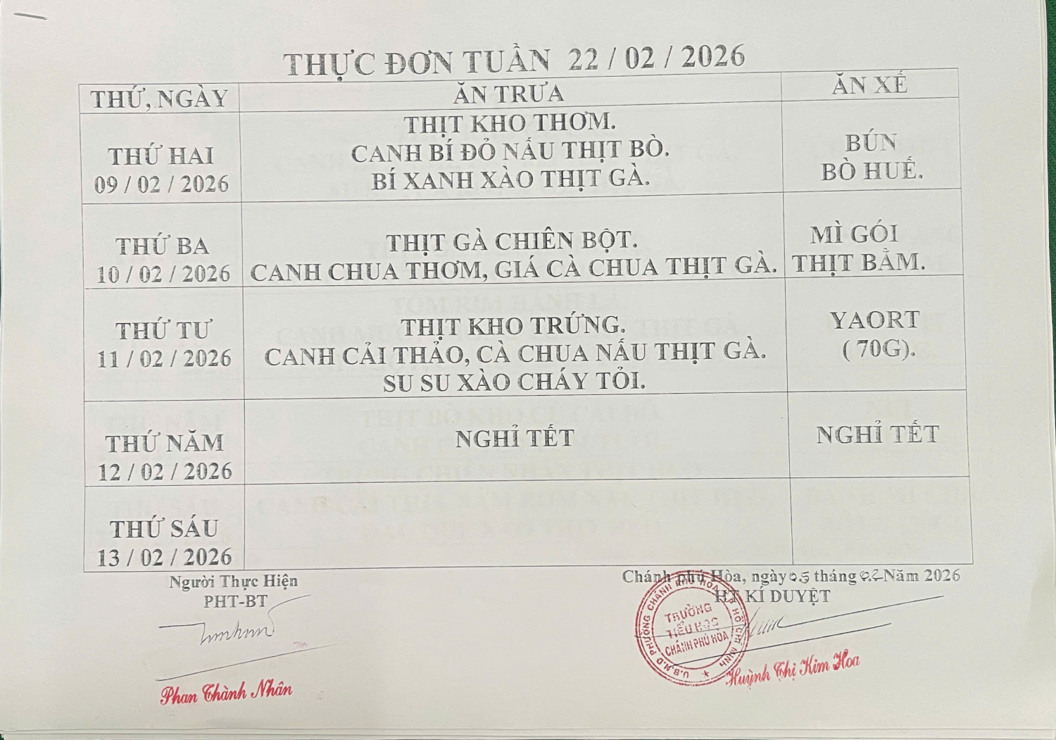 THỰC ĐƠN TUẦN 22