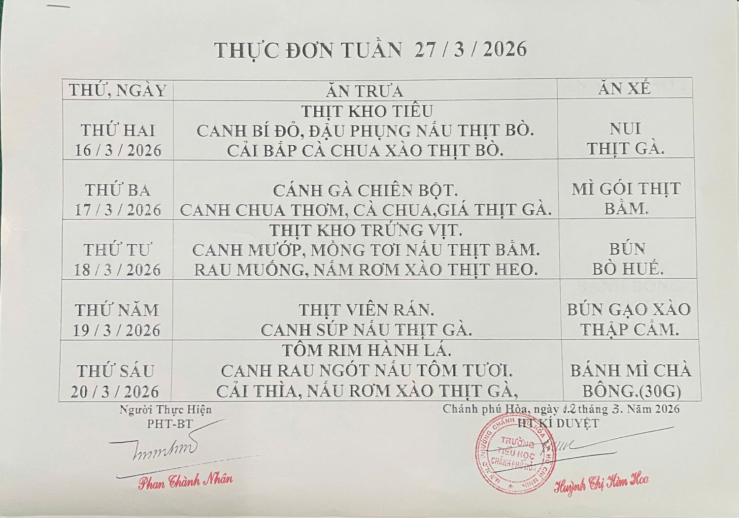 THỰC ĐƠN TUẦN 27